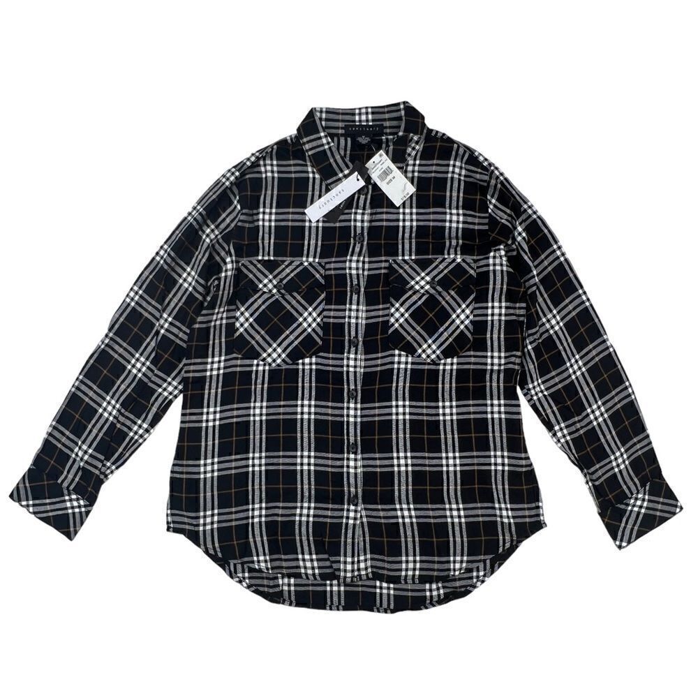 New Sanctuary Men Black Plaid Shirt Casual Classic Long Sleeve Button Down US M